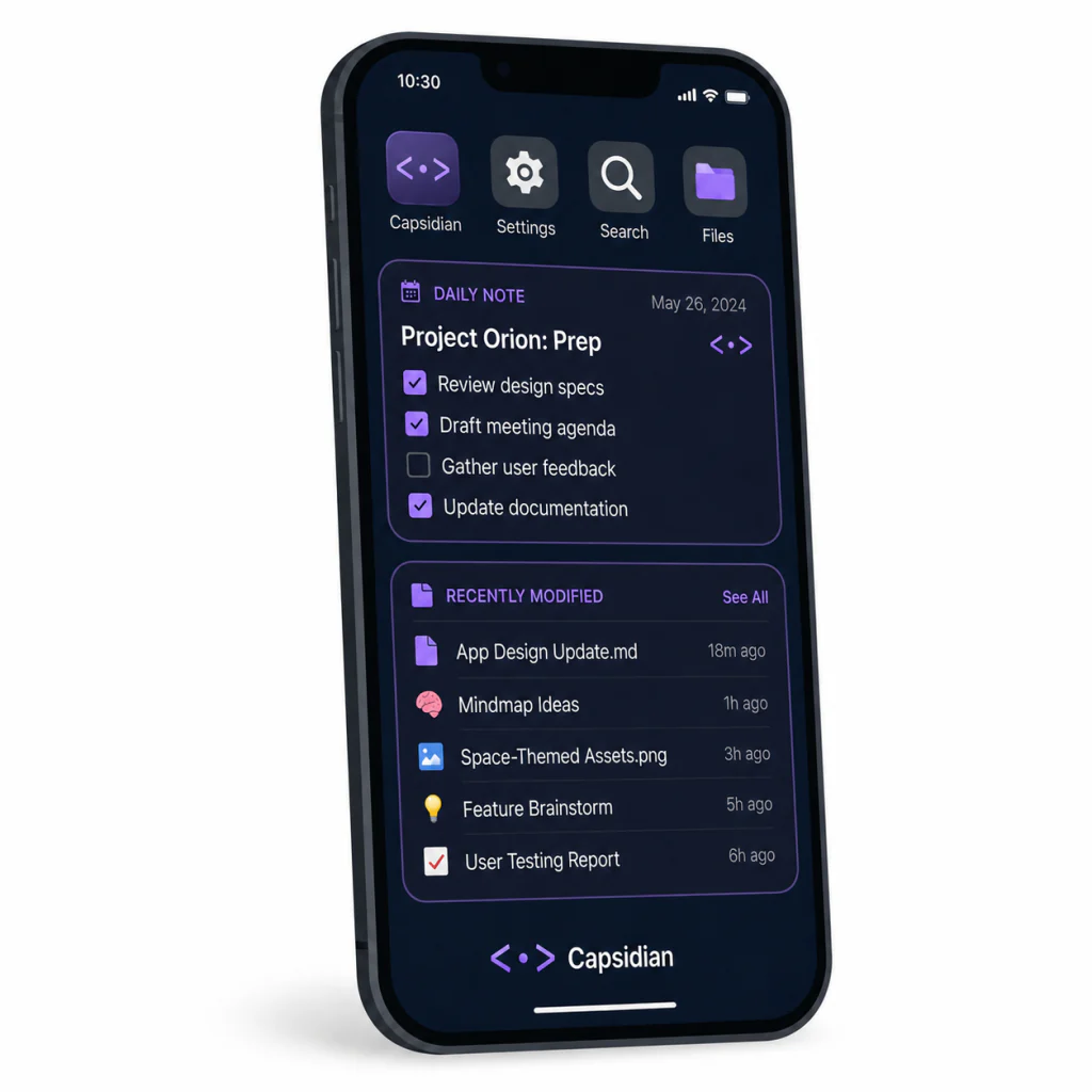 Android home screen widgets showing Obsidian vault data